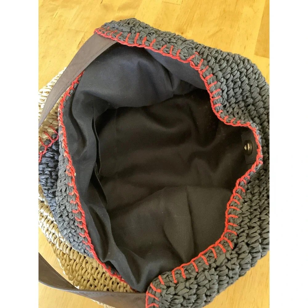 Sonoma Goods For Life Woven Straw Hobo Bag Black Tan Colorblock Red Whipstitch - Picture 9 of 9